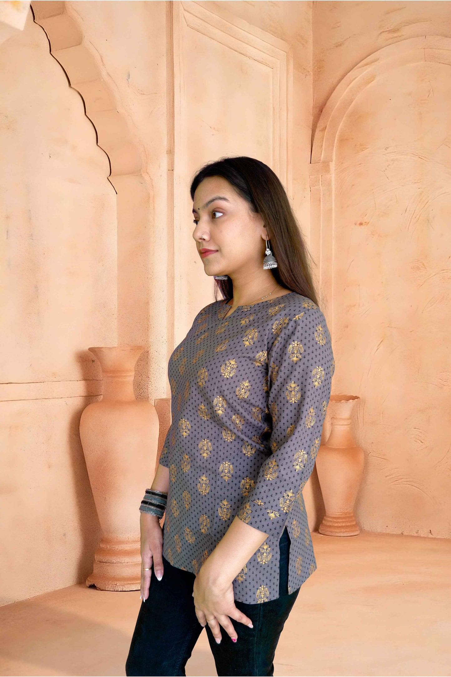 Grey Cotton Kurta with Gold Foil Print - The Sutra Space