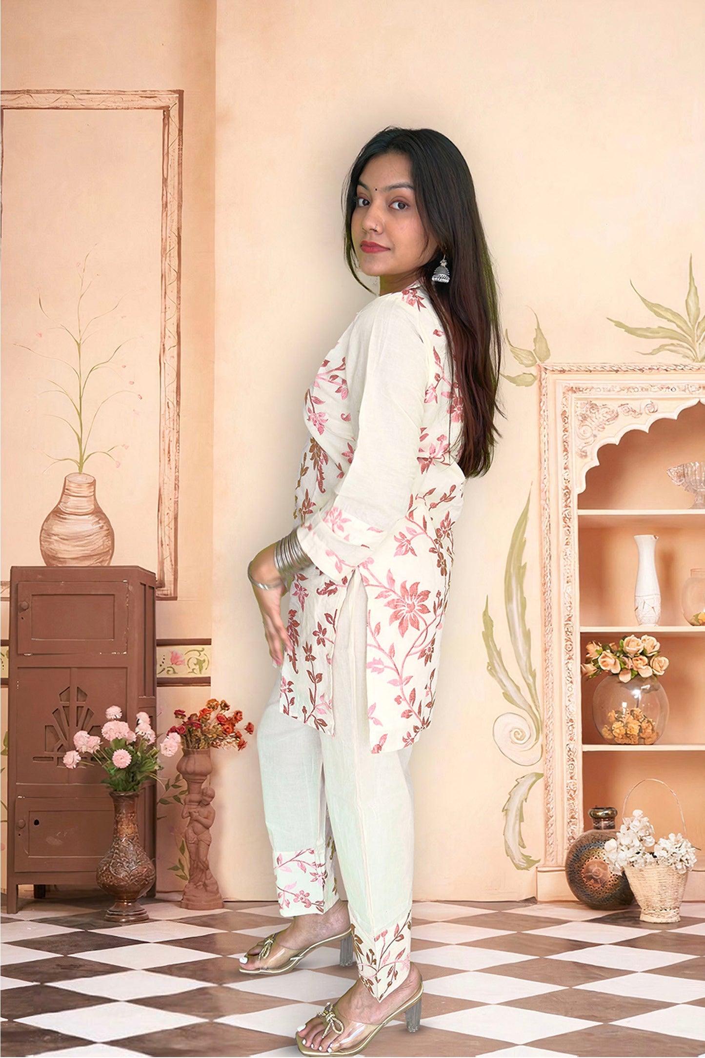 Elegant Off-White & Pink Floral Embroidered Co-ord Set - The Sutra Space
