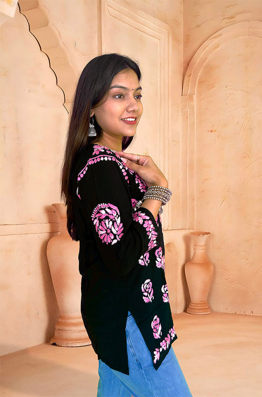 Black Cotton Chikankari Short Kurta with Pink Embroidery - The Sutra Space