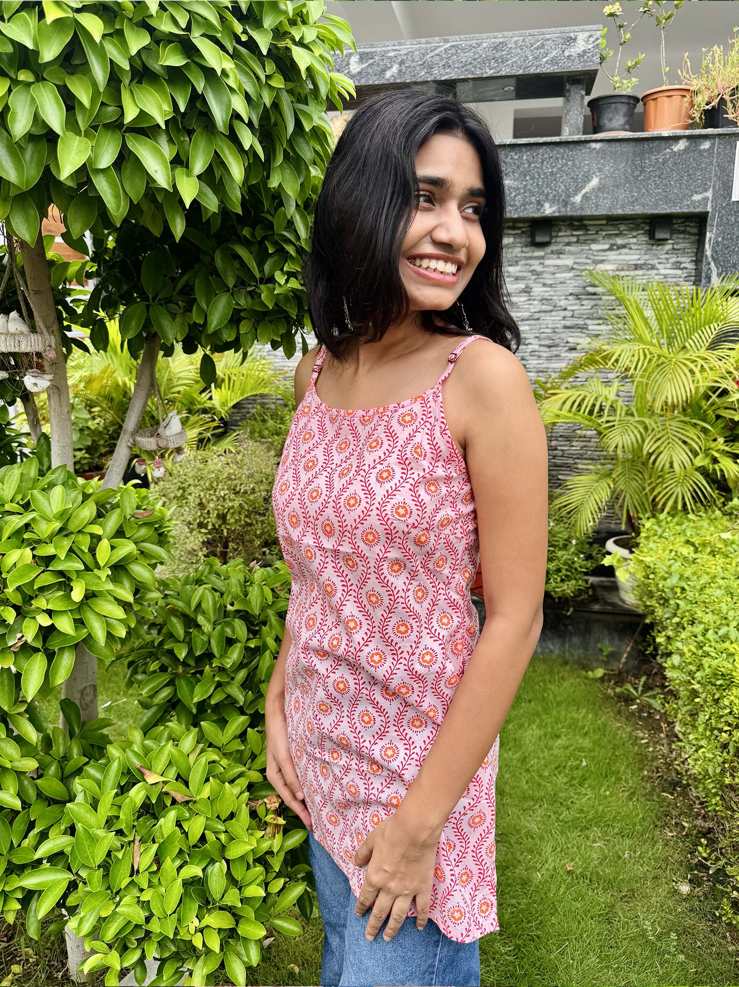 Pink Cotton Adjustable Strap Sleeveless Top with Long Side Slit - The Sutra Space