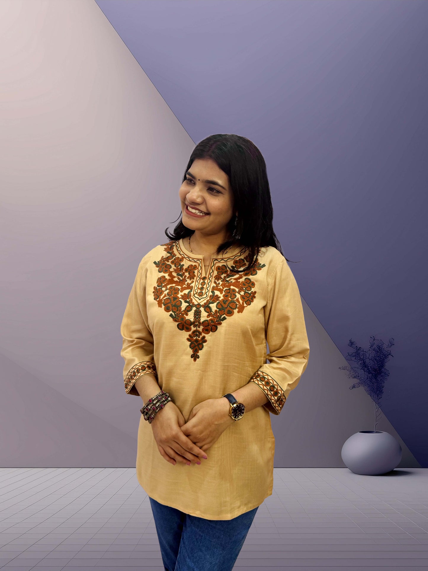 Wheat Beige Kashmiri Aari Embroidered Kurti - The Sutra Space