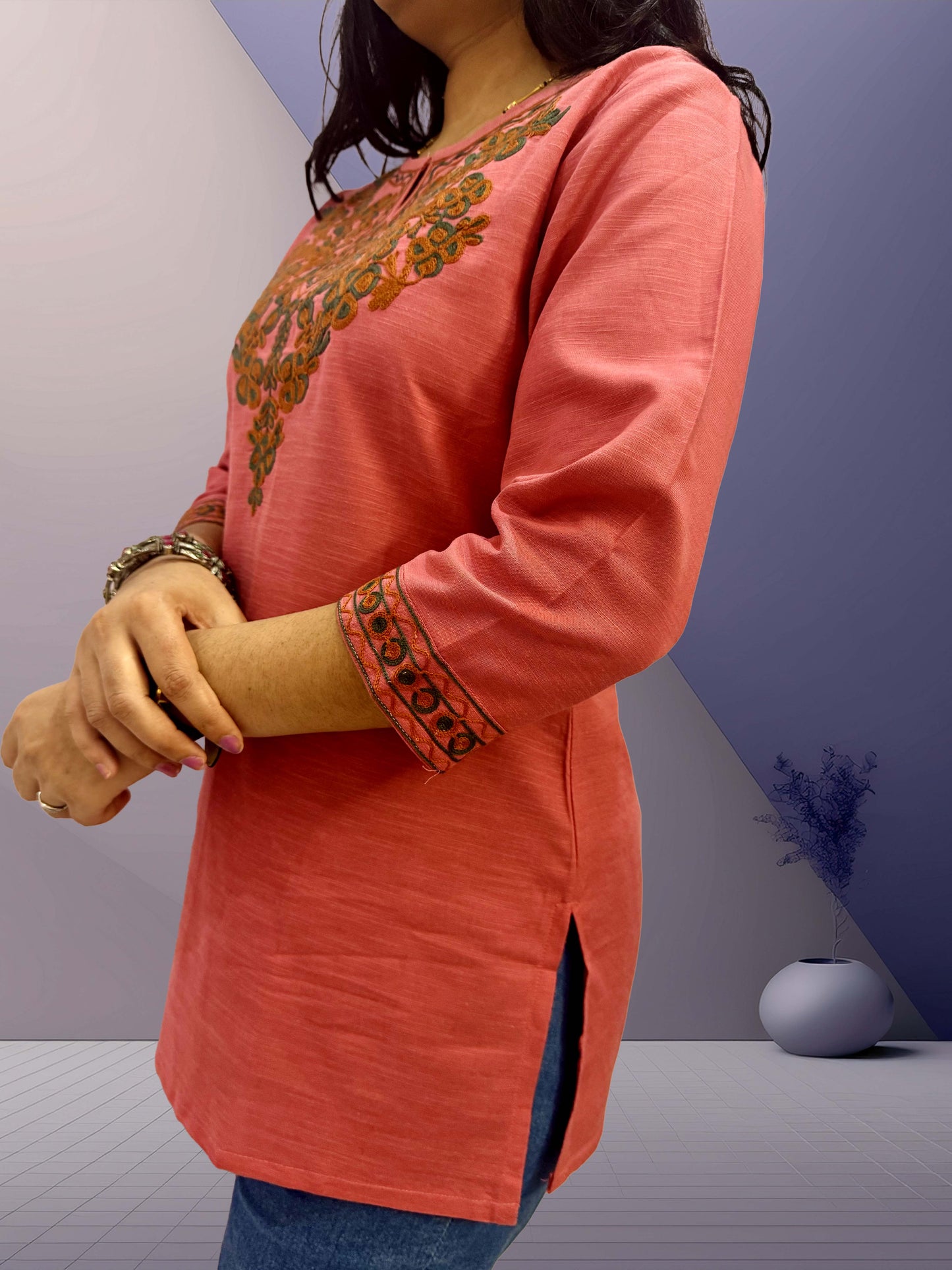Pink Kashmiri Aari Embroidered Kurti - The Sutra Space