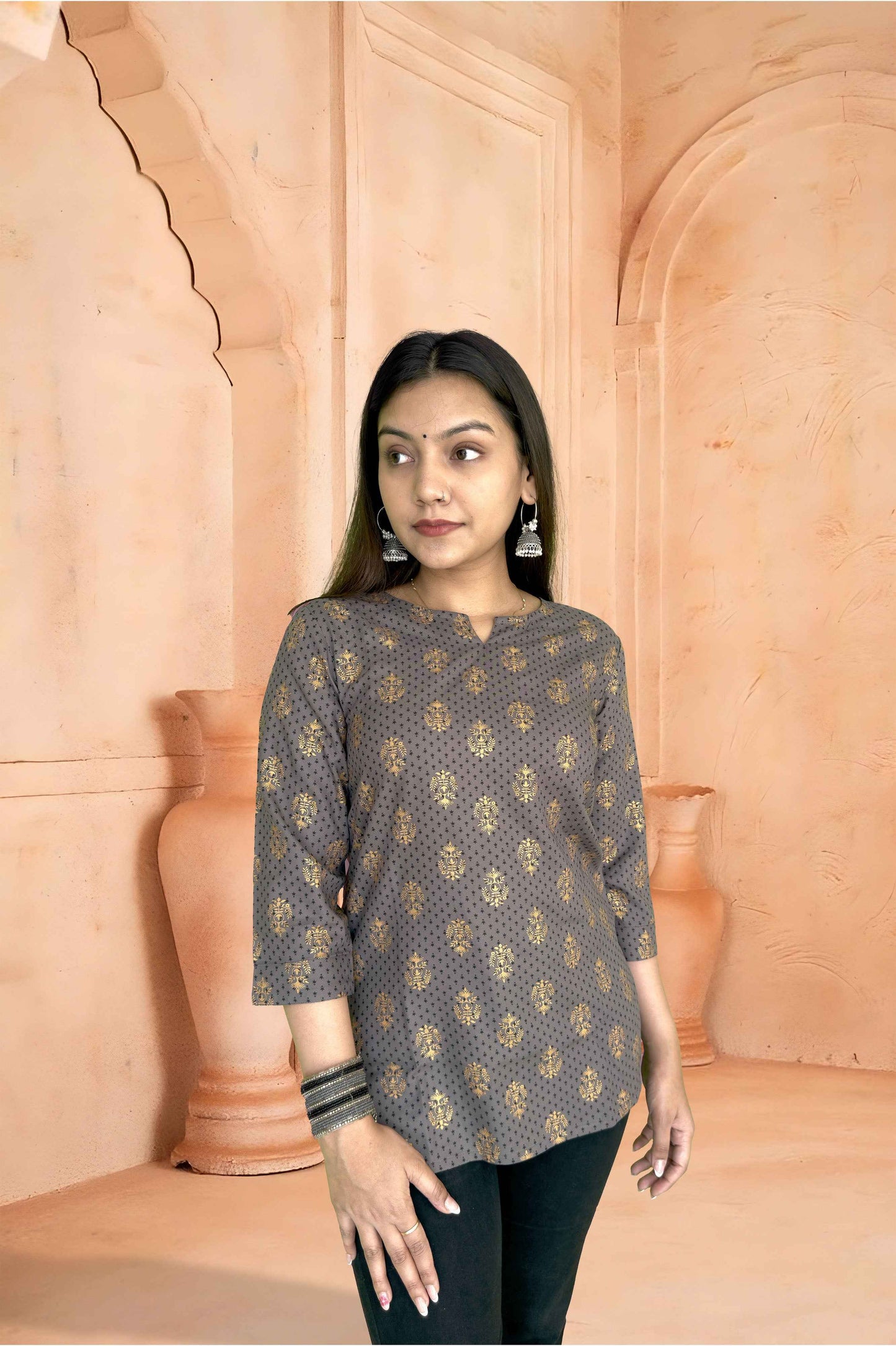 Grey Cotton Kurta with Gold Foil Print - The Sutra Space