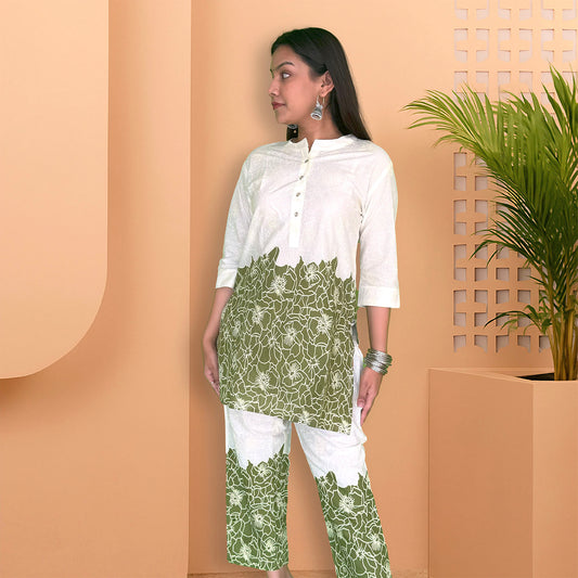 Olive Green & Off-White Floral Co-ord Set - The Sutra Space