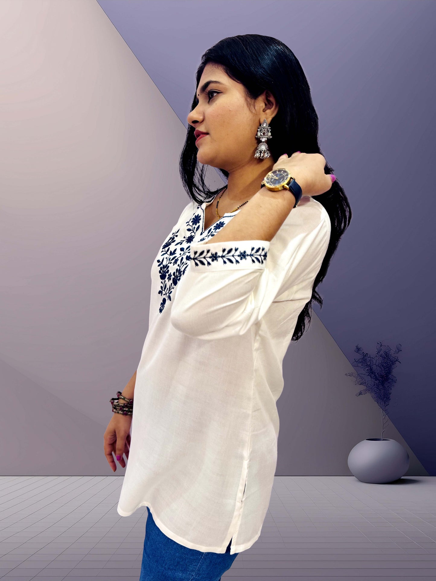 Elegant White Cotton Kurti with Blue Embroidery - The Sutra Space