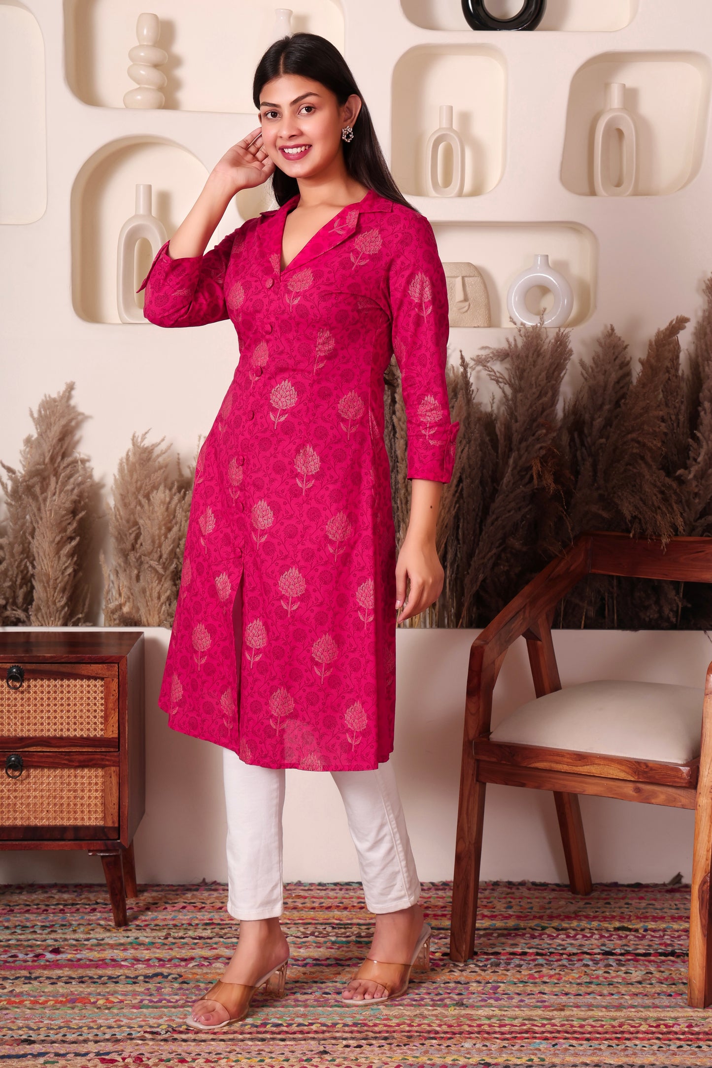 Magenta Foil Print Cotton Long Kurti for Women