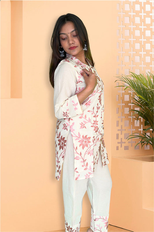 Elegant Off-White & Pink Floral Embroidered Co-ord Set - The Sutra Space