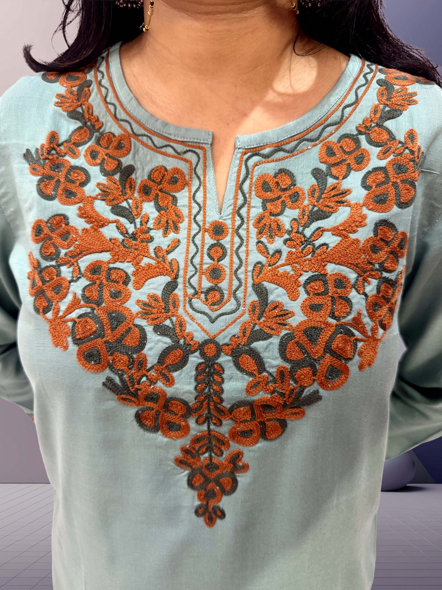 Sage Green Cotton Kurti with Kashmiri Aari Embroidery - The Sutra Space