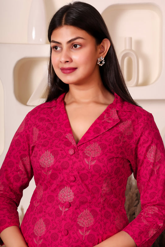 Magenta Foil Print Cotton Long Kurti for Women