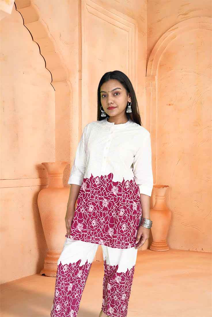 Maroon & Off-White Floral Co-ord Set - The Sutra Space