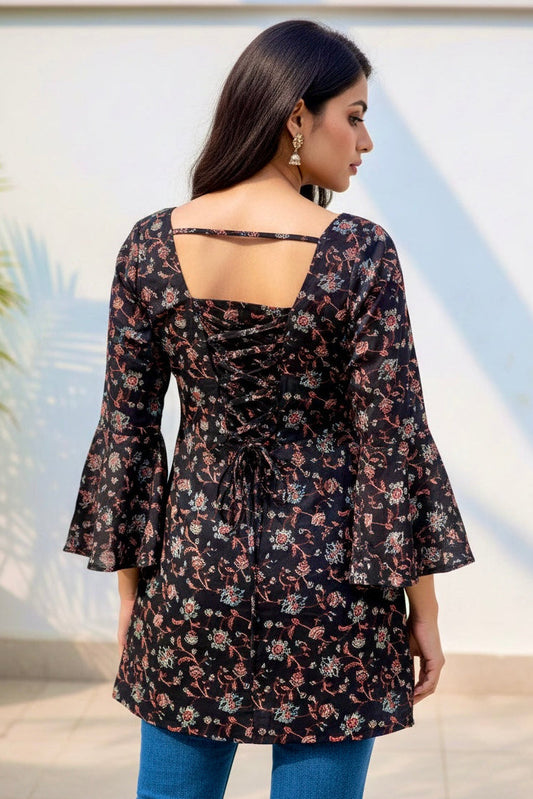 Midnight Noir Vintage Floral Corset-Back Short Kurti