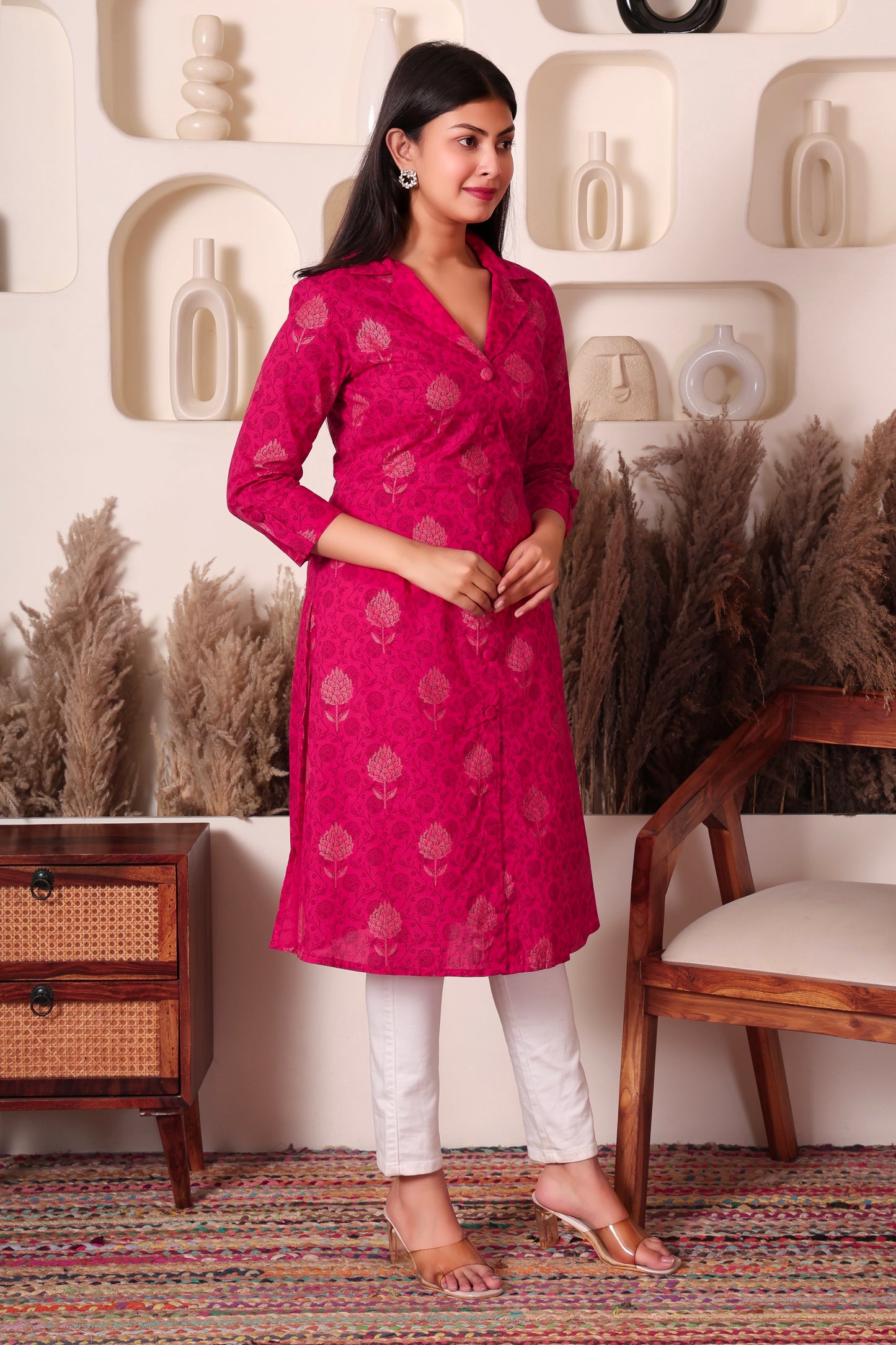 Magenta Foil Print Cotton Long Kurti for Women