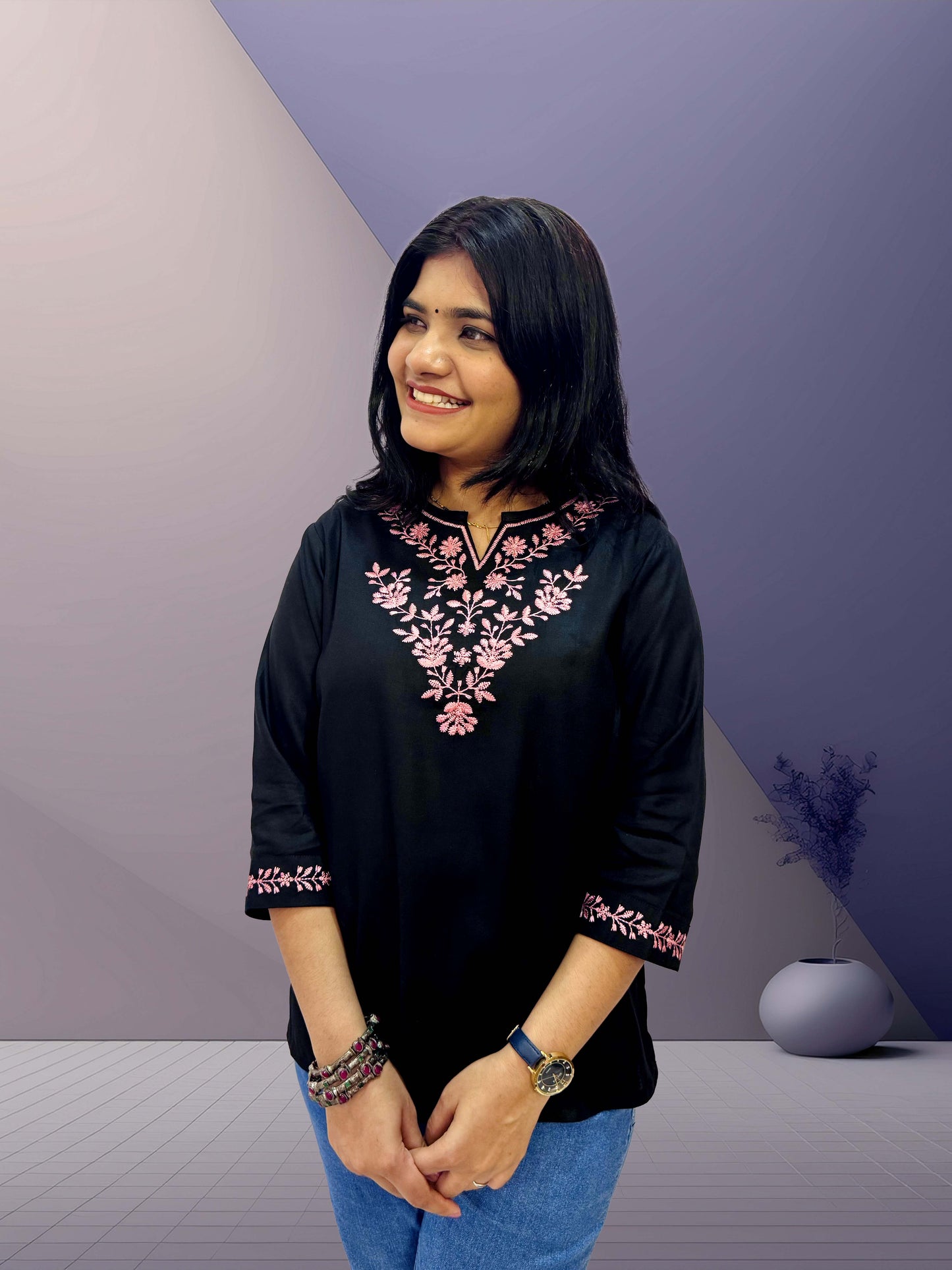 Black Cotton Kurti with Pink Floral Embroidery - The Sutra Space