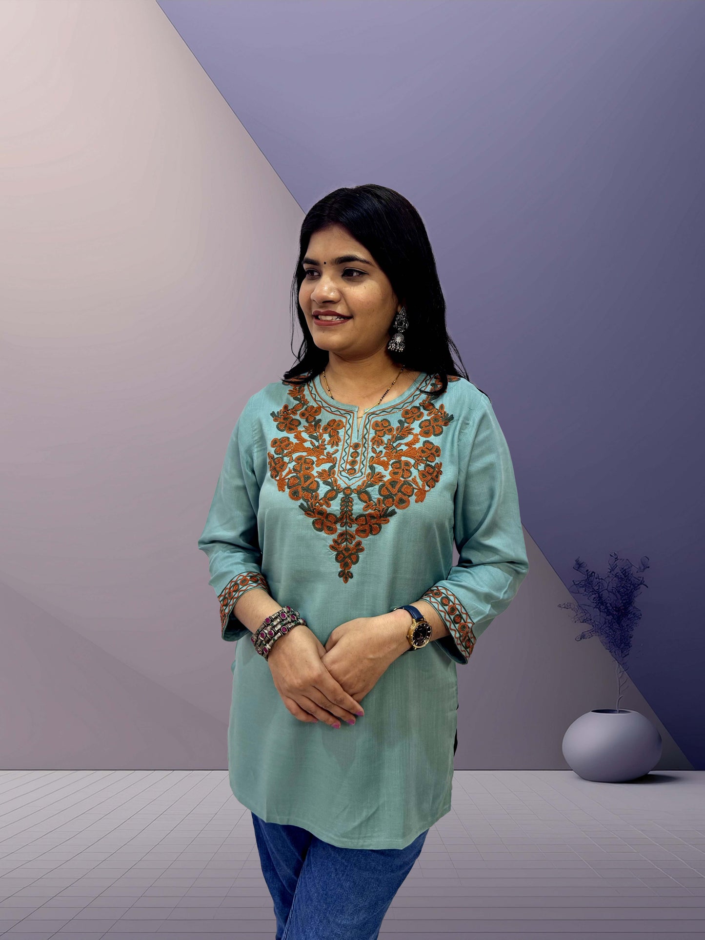 Sage Green Cotton Kurti with Kashmiri Aari Embroidery - The Sutra Space