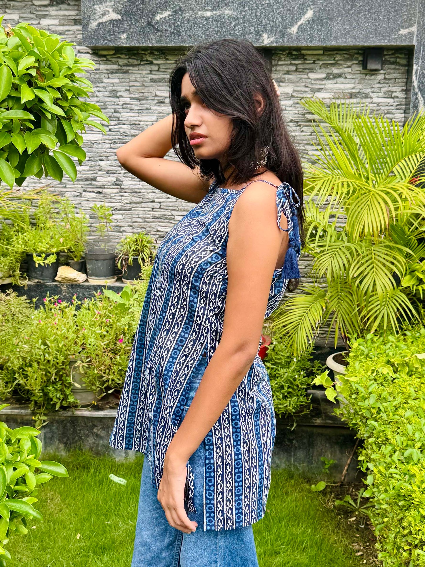 Cotton Royal Blue Noodle Strap Sleeveless Top with Tassel & Side Slit - The Sutra Space