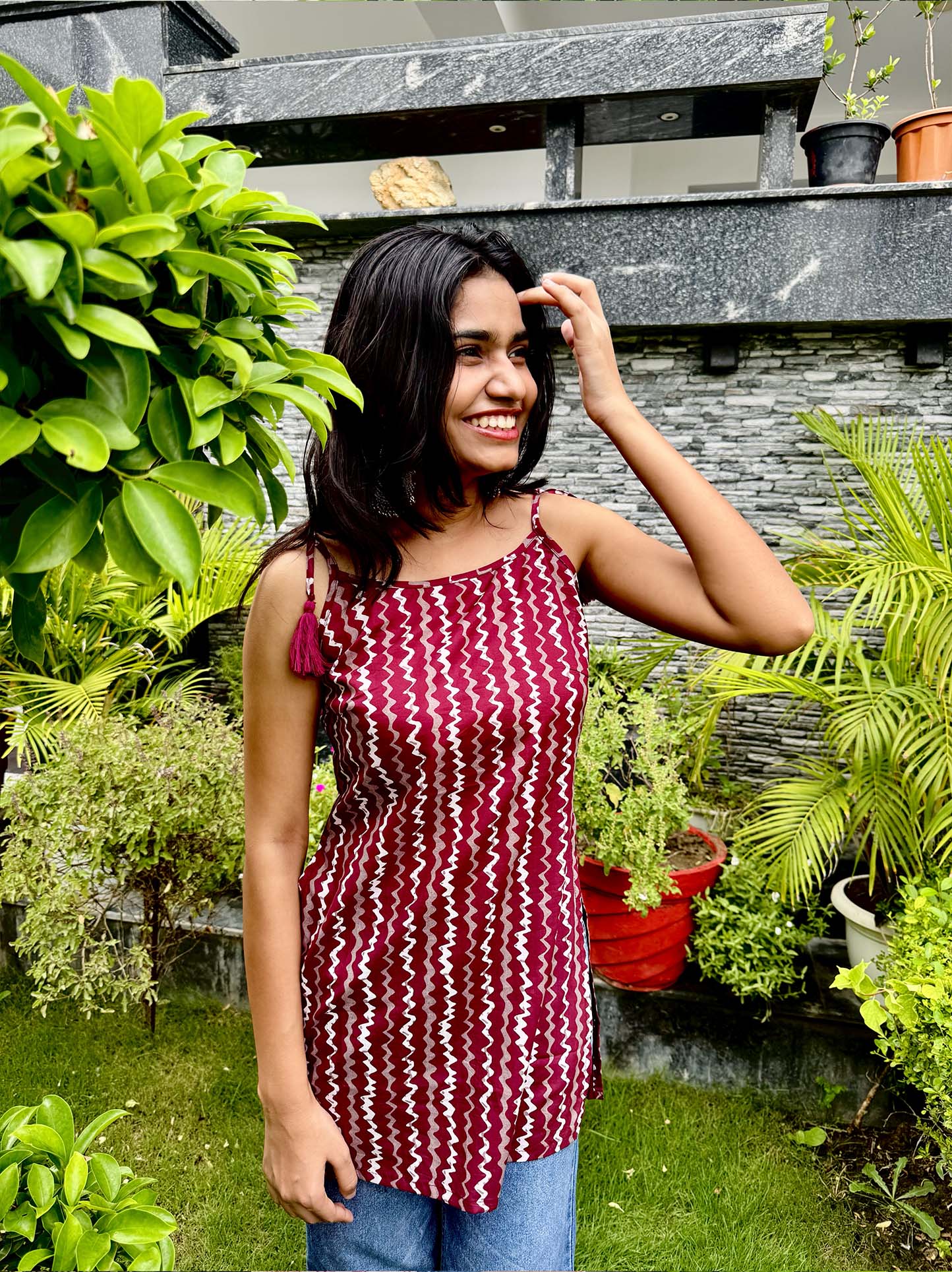 Cotton Wine Noodle Strap Sleeveless Top with Tassel & Side Slit - The Sutra Space