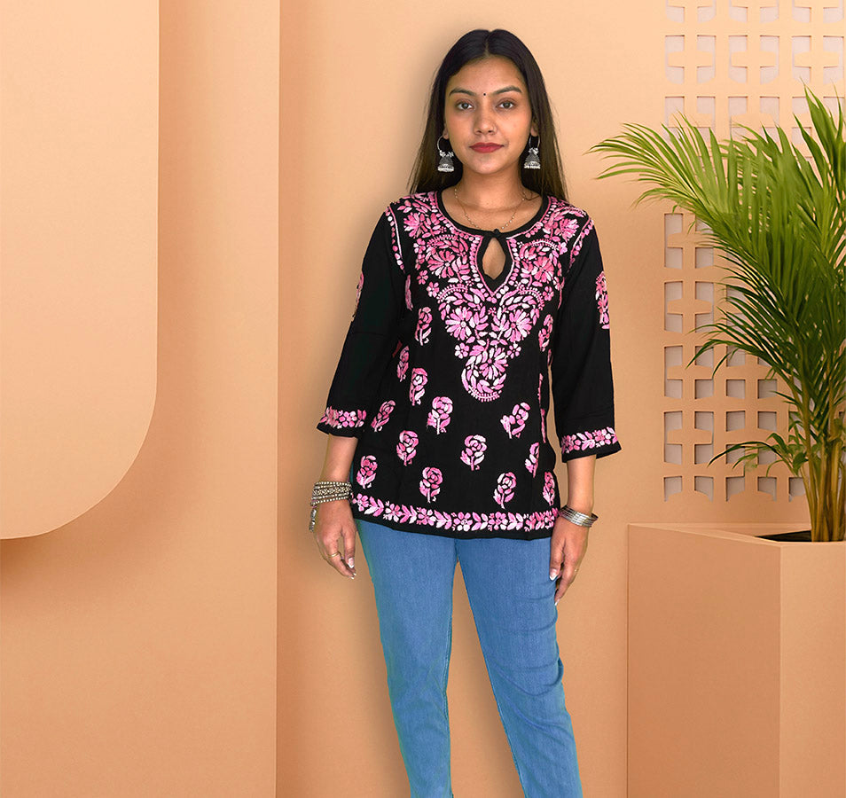 Black Cotton Chikankari Short Kurta with Pink Embroidery - The Sutra Space