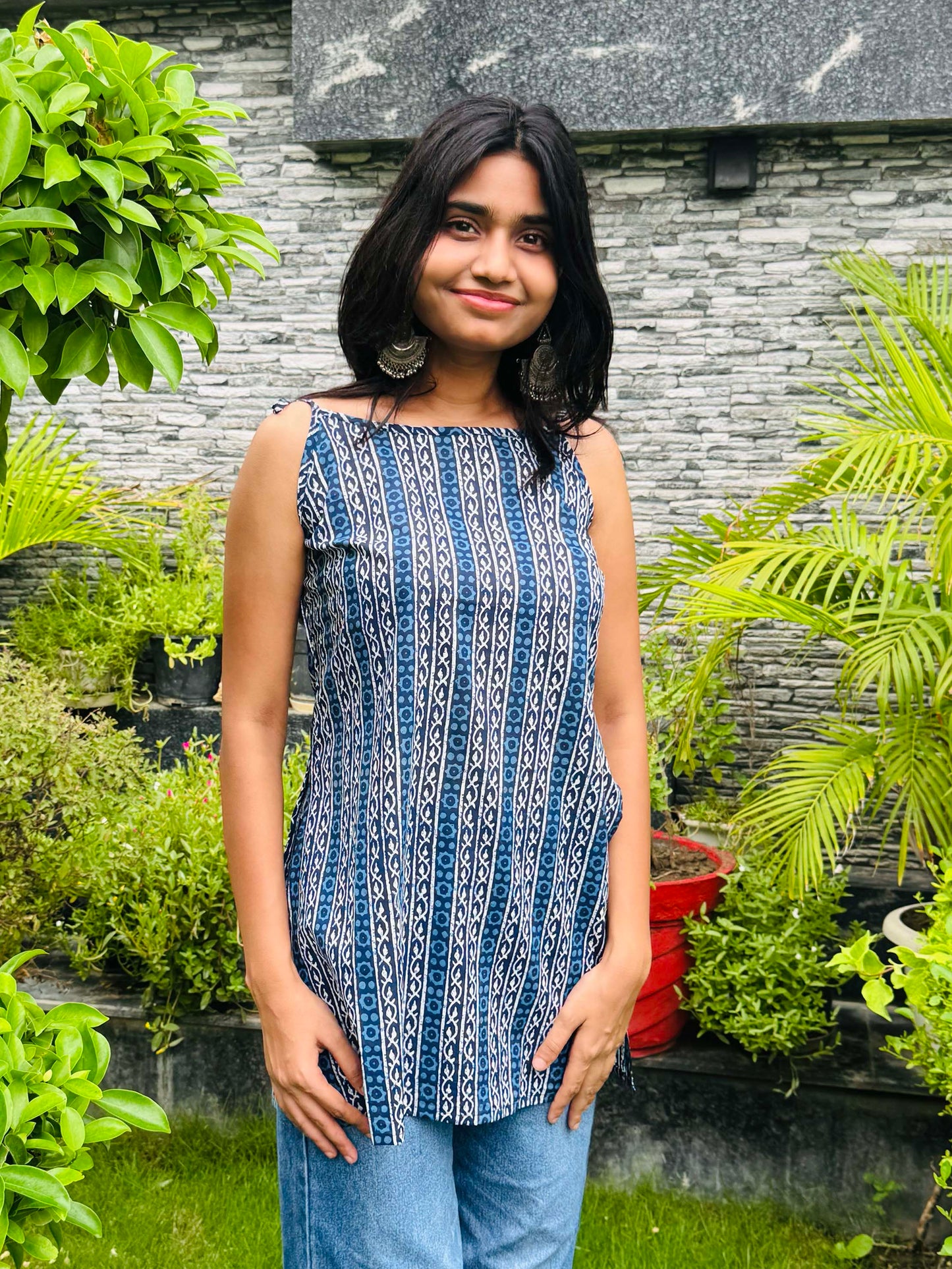 Cotton Royal Blue Noodle Strap Sleeveless Top with Tassel & Side Slit - The Sutra Space