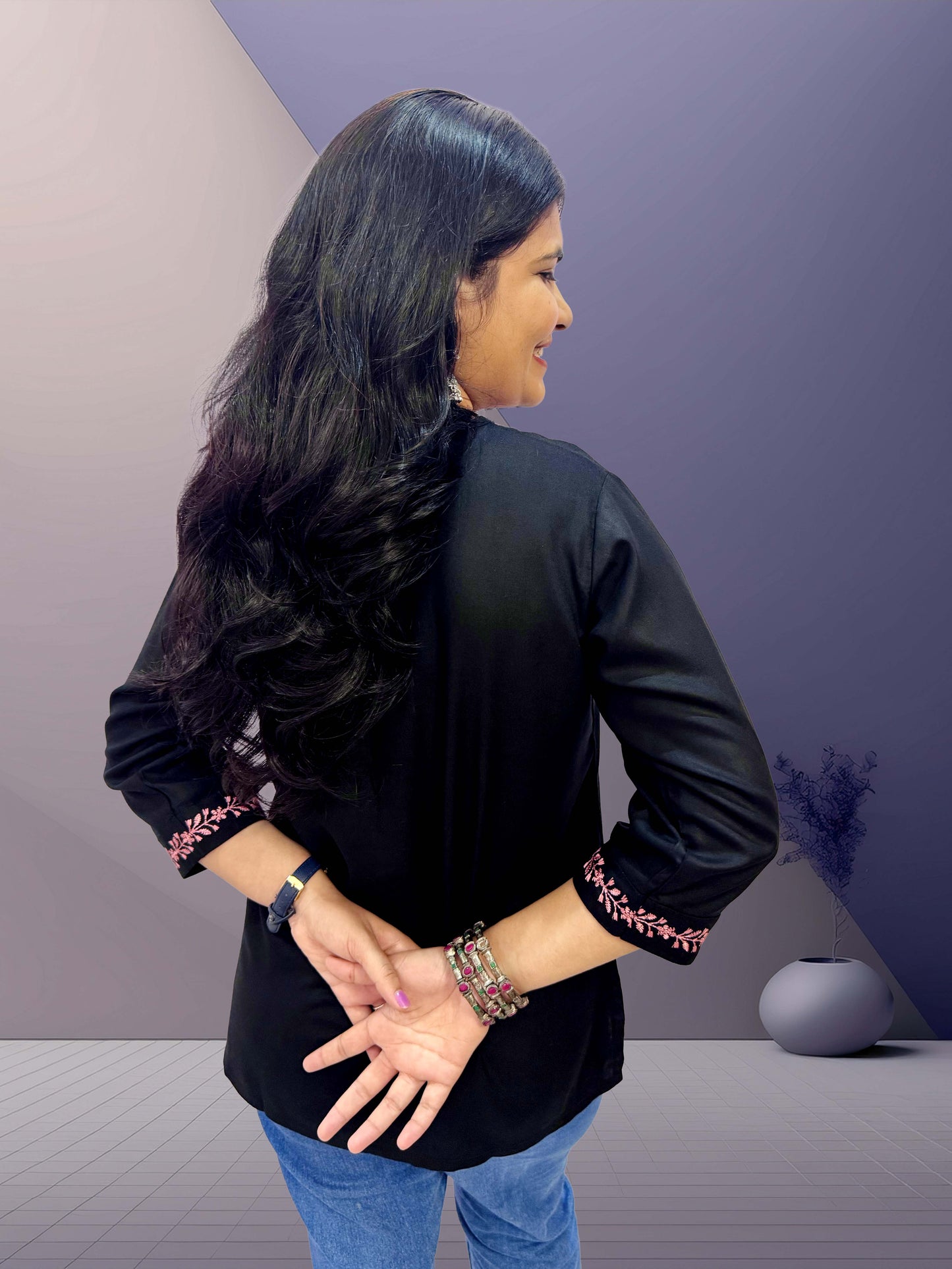 Black Cotton Kurti with Pink Floral Embroidery - The Sutra Space