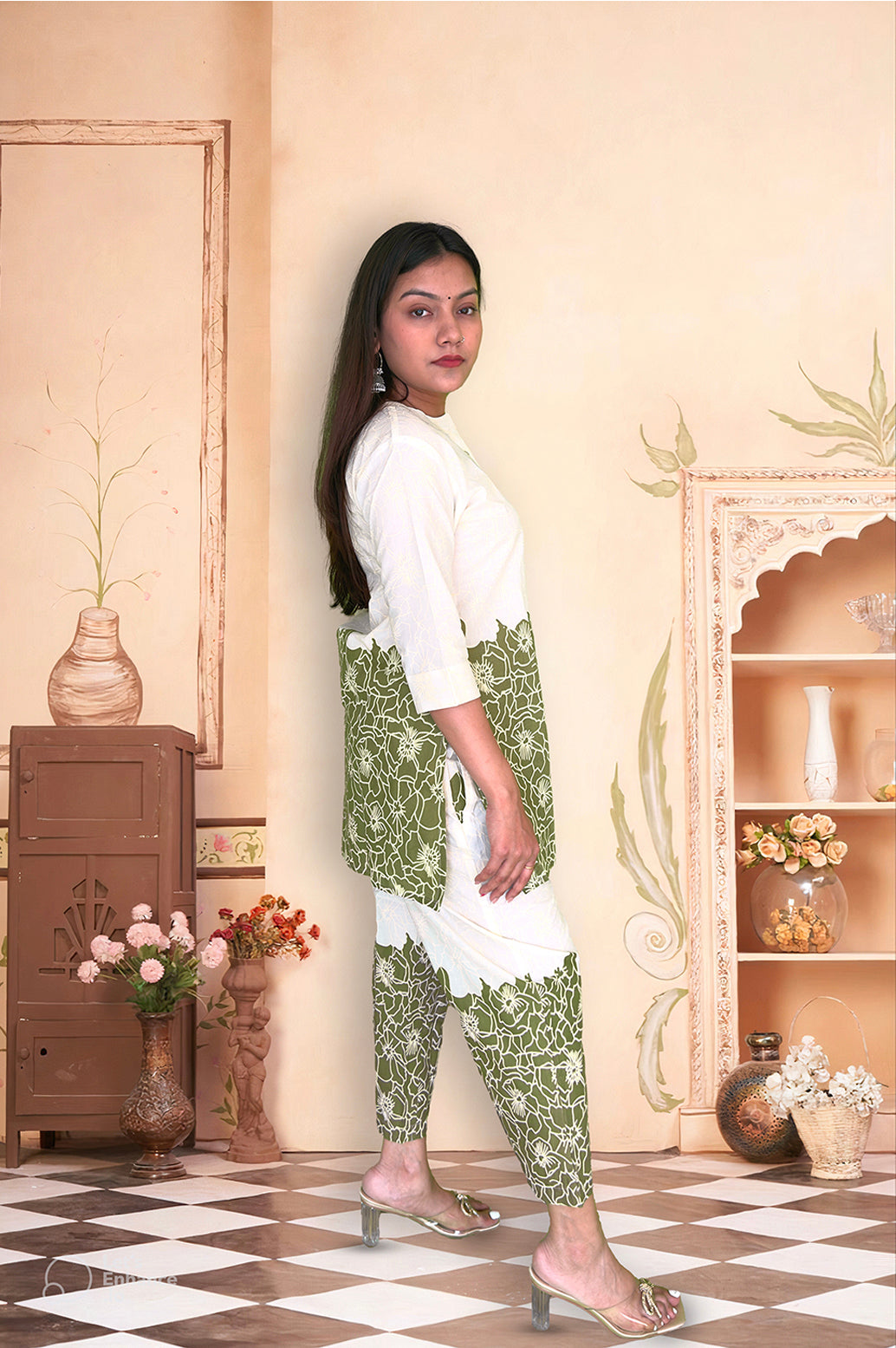 Olive Green & Off-White Floral Co-ord Set - The Sutra Space