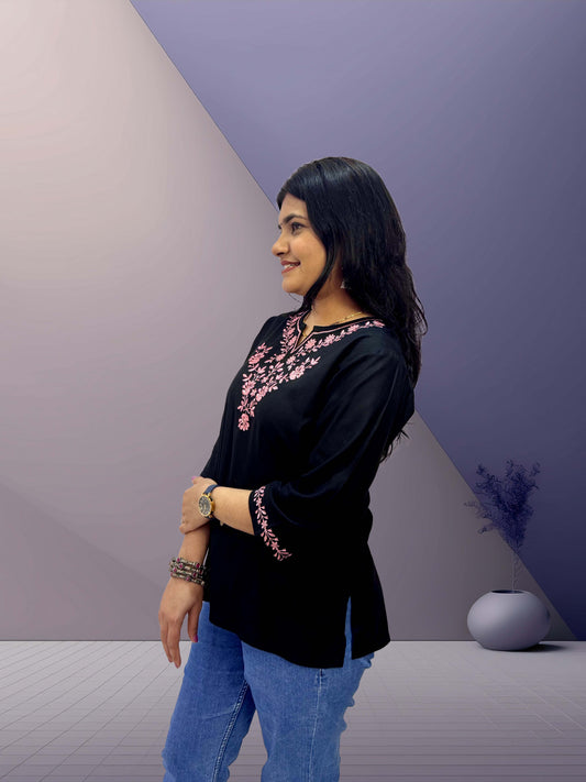Black Cotton Kurti with Pink Floral Embroidery - The Sutra Space