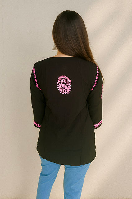 Black Cotton Chikankari Short Kurta with Pink Embroidery - The Sutra Space