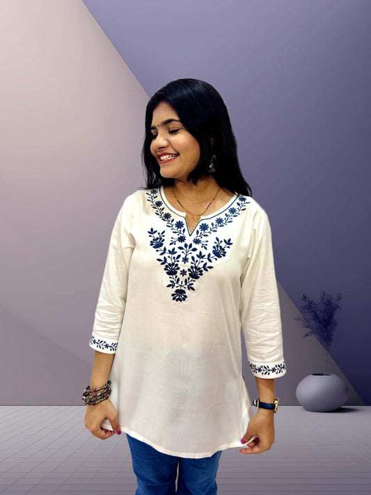 Elegant White Cotton Kurti with Blue Embroidery - The Sutra Space