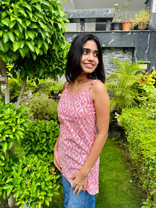 Pink Cotton Adjustable Strap Sleeveless Top with Long Side Slit - The Sutra Space