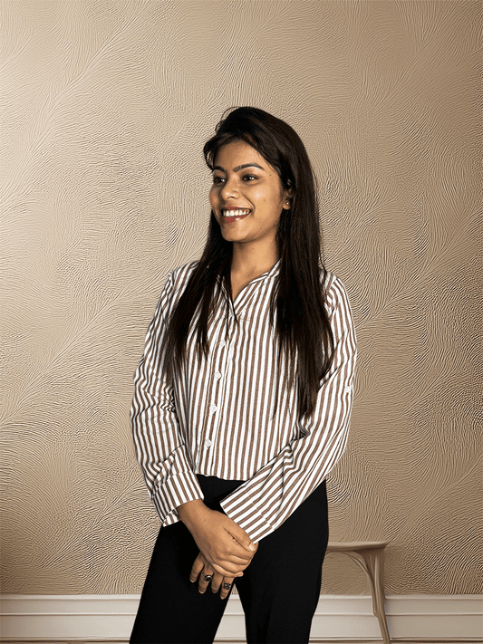 Brown & White Striped Cotton Shirt – Bust Dart & Foldable Sleeves
