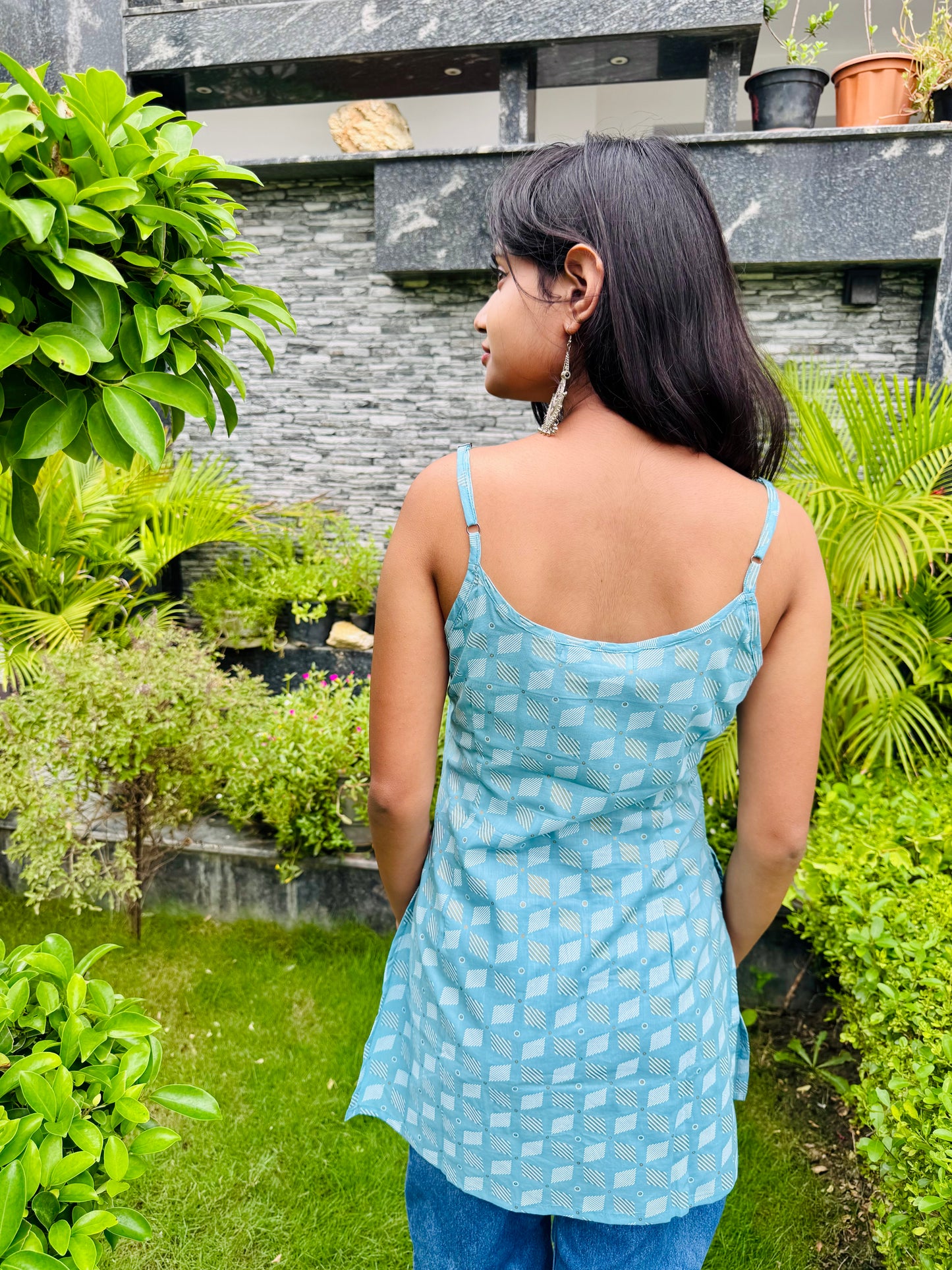 Cotton Powder Blue Adjustable Strap Sleeveless Top with Long Side Slit - The Sutra Space