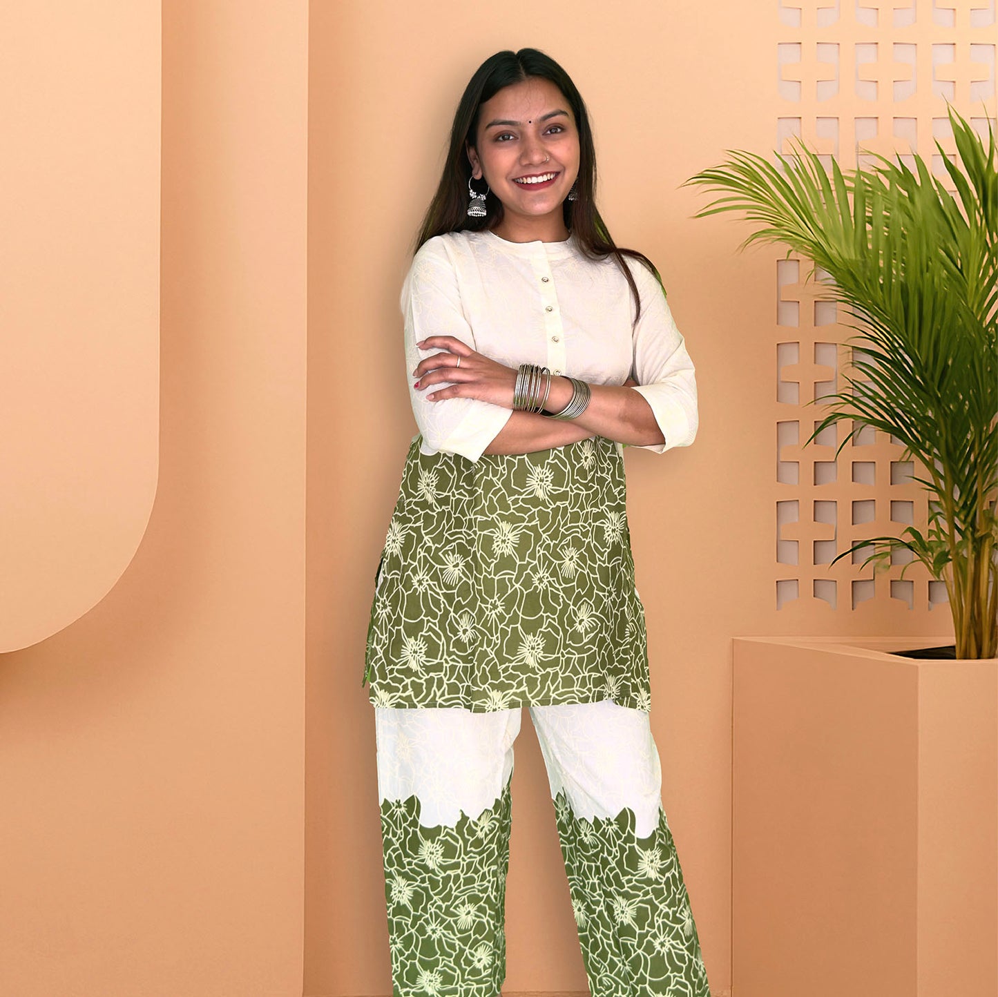 Olive Green & Off-White Floral Co-ord Set - The Sutra Space