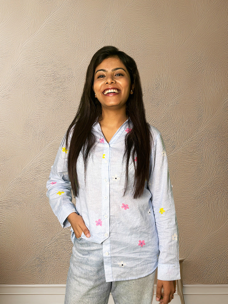 Blue Floral Cotton Shirt with Foldable Sleeves