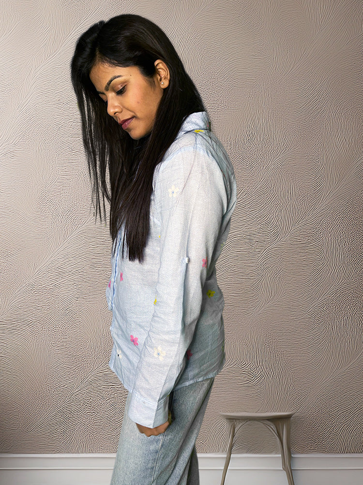 Blue Floral Cotton Shirt with Foldable Sleeves