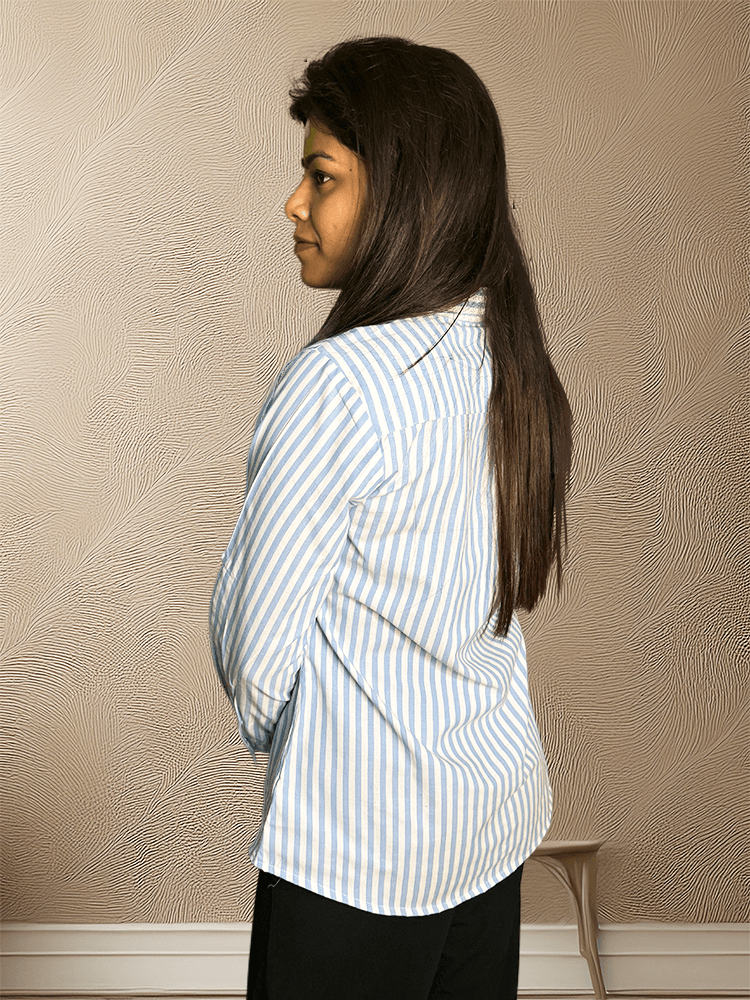 Blue & White Striped Cotton Shirt – Bust Dart & Foldable Sleeves