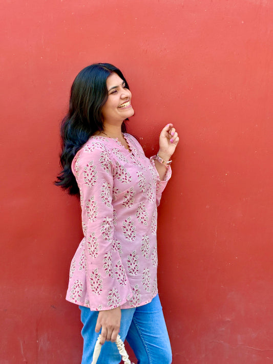 Pastel Pink Mul Block Print V-Neck Kurti
