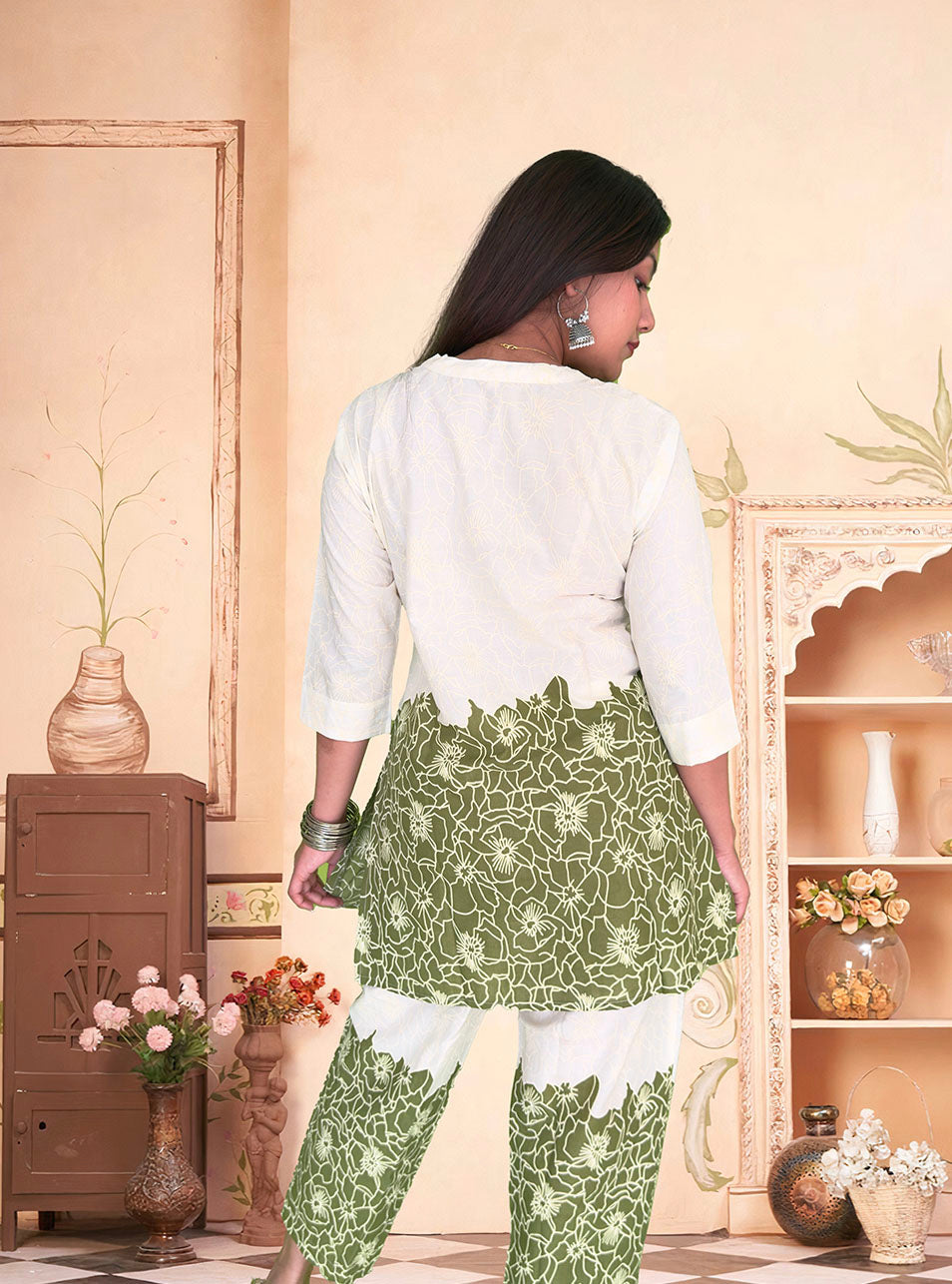 Olive Green & Off-White Floral Co-ord Set - The Sutra Space