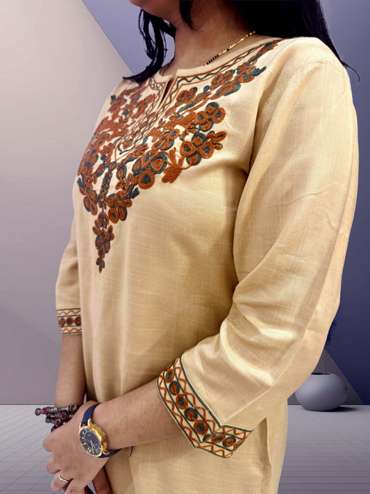 Wheat Beige Kashmiri Aari Embroidered Kurti - The Sutra Space