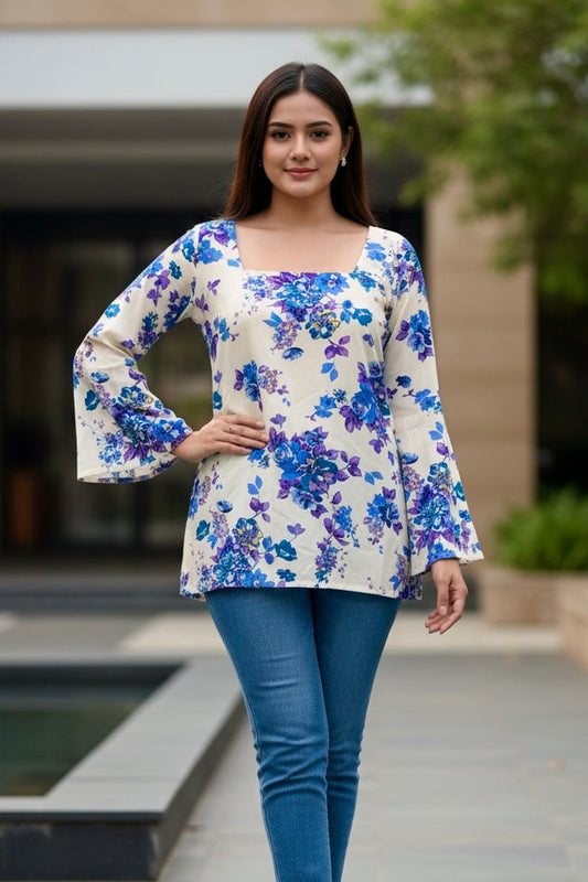 White Corset Back Bell Sleeve Kurti with Blue and Purple Floral Print