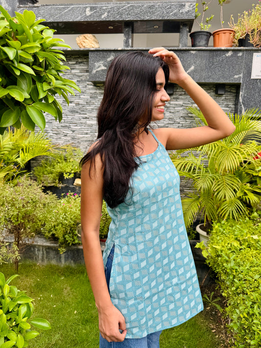 Cotton Powder Blue Adjustable Strap Sleeveless Top with Long Side Slit - The Sutra Space