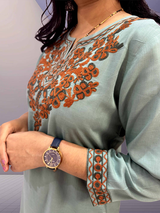 Sage Green Cotton Kurti with Kashmiri Aari Embroidery - The Sutra Space