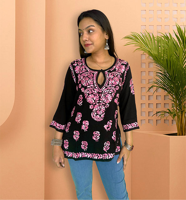 Black Cotton Chikankari Short Kurta with Pink Embroidery - The Sutra Space
