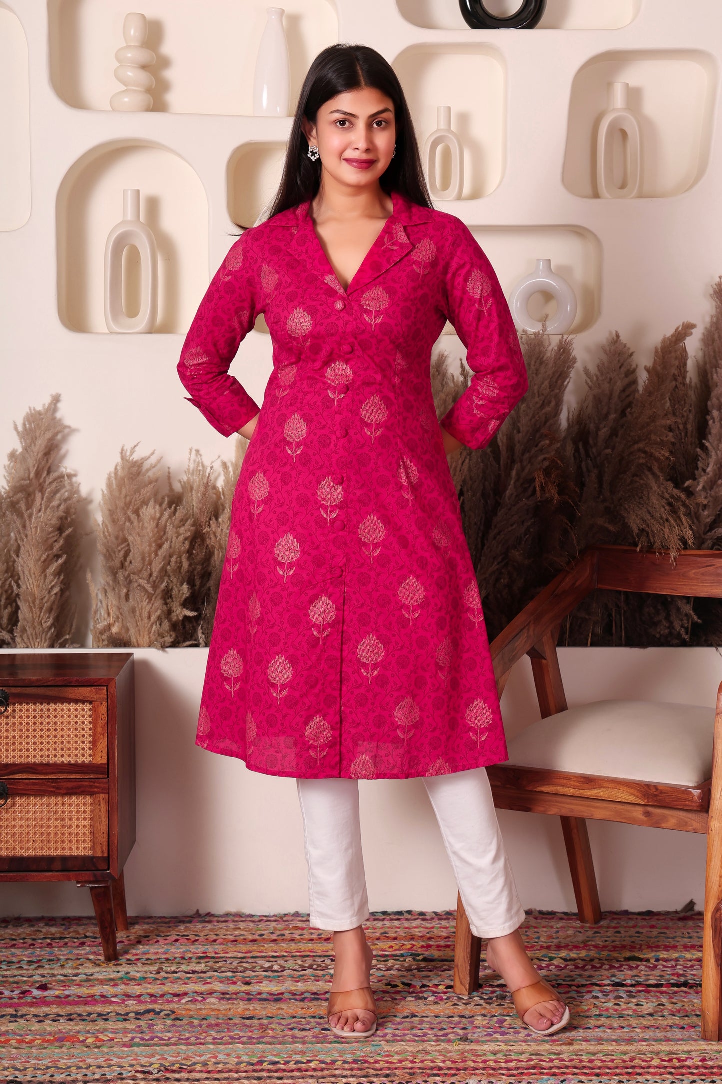 Magenta Foil Print Cotton Long Kurti for Women