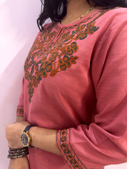 Pink Kashmiri Aari Embroidered Kurti - The Sutra Space