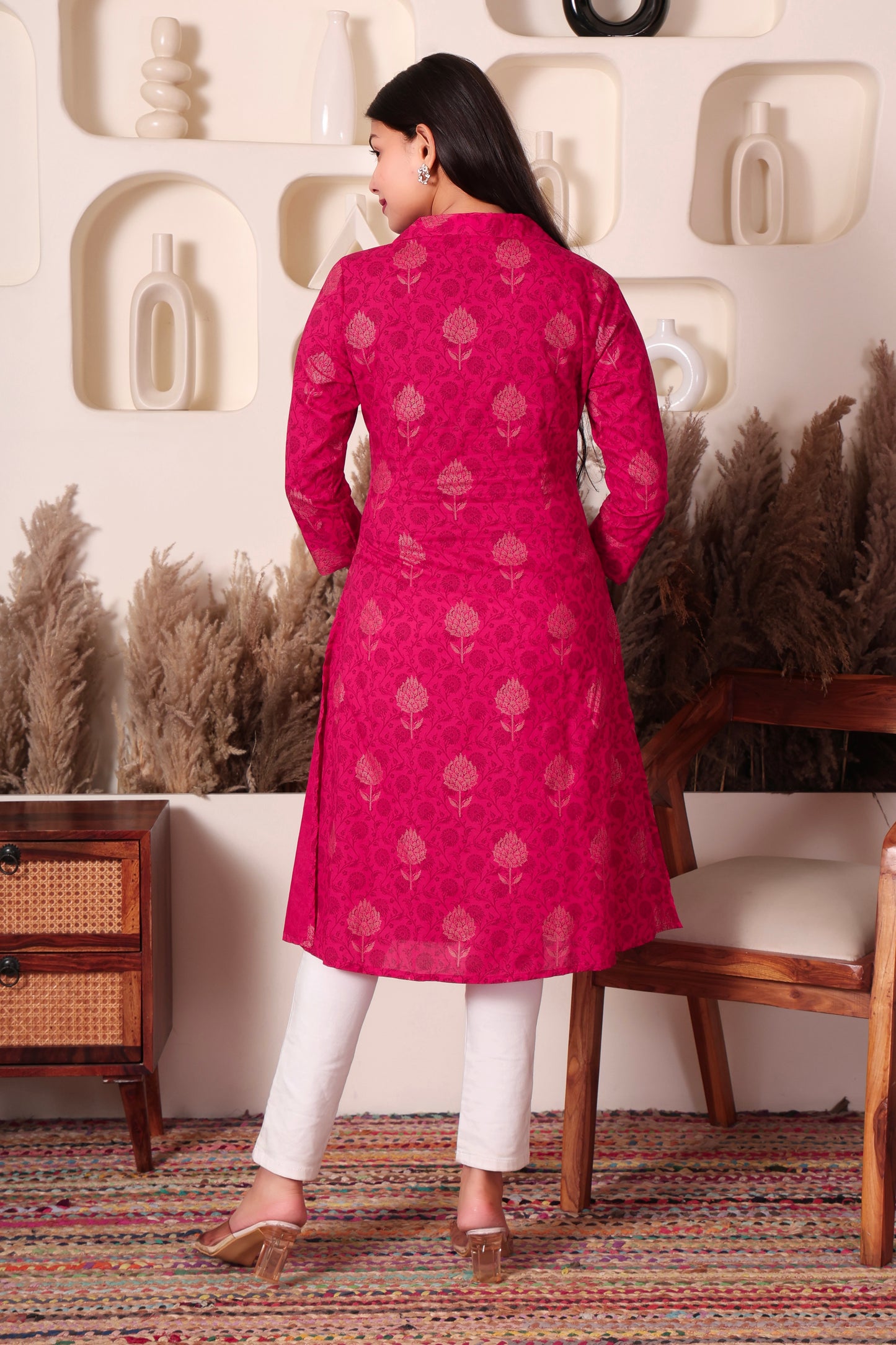 Magenta Foil Print Cotton Long Kurti for Women