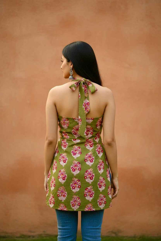 Olive Bloom Backless Halter Kurti