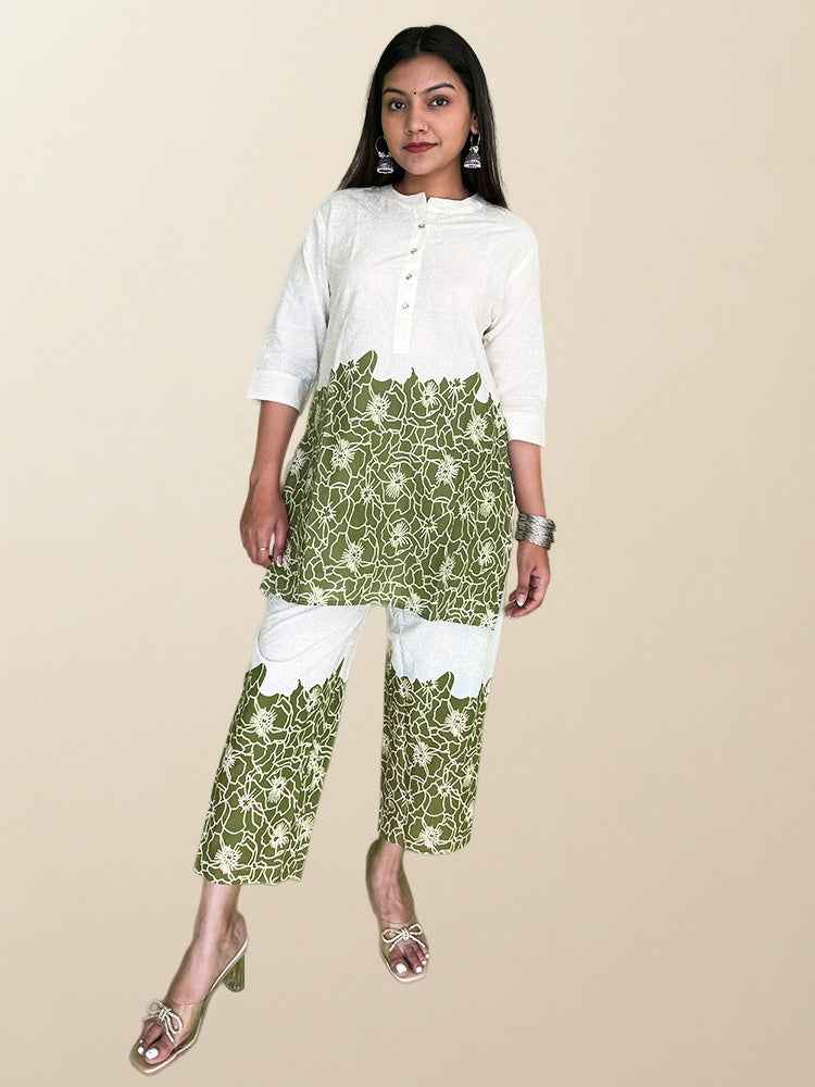 Olive Green & Off-White Floral Co-ord Set - The Sutra Space