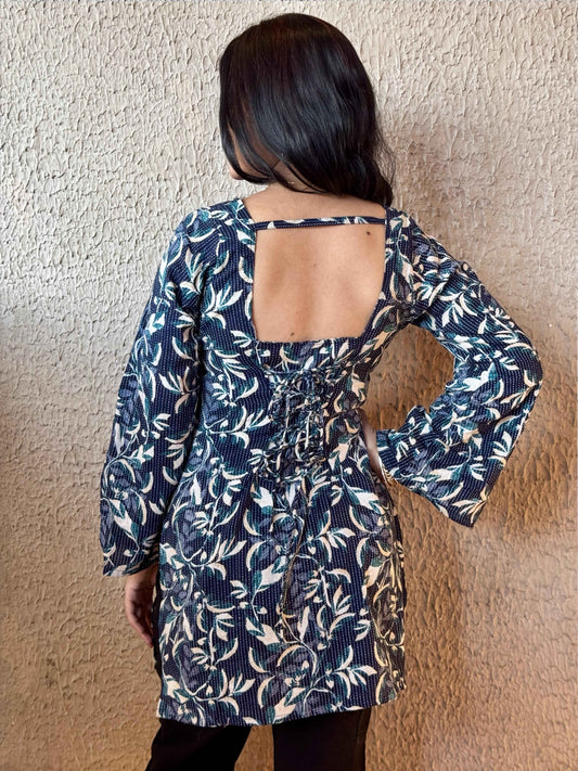 Indigo Botanical Corset-Back Kurti