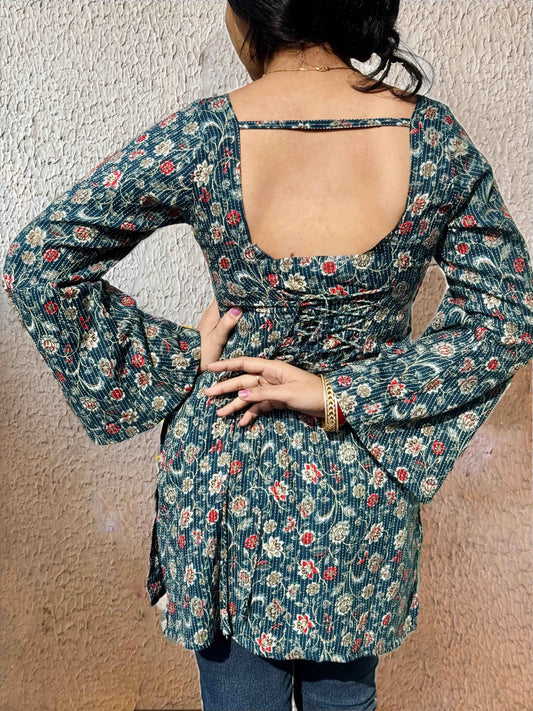 Teal Vintage Floral Corset-Back Kurti