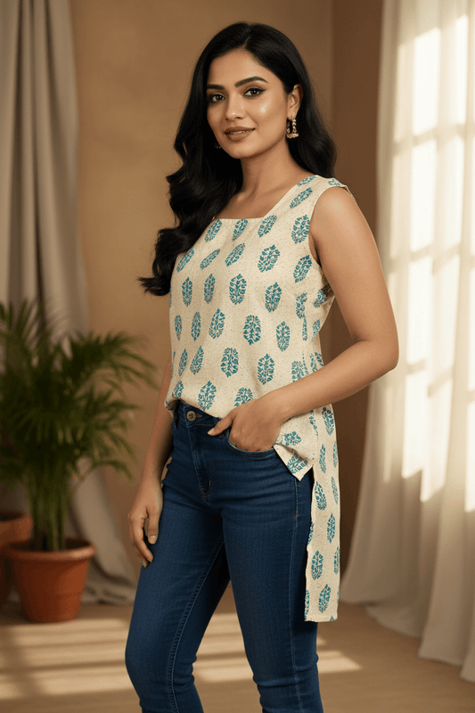 Ivory & Blue Block Print Sleeveless Kurti with Dori in Back
