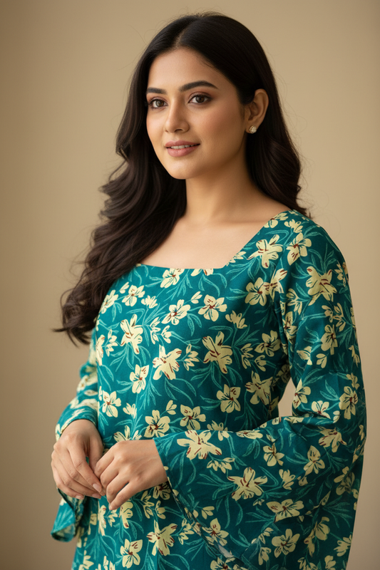 Turquoise Floral Bell Sleeve Corset Back Kurti